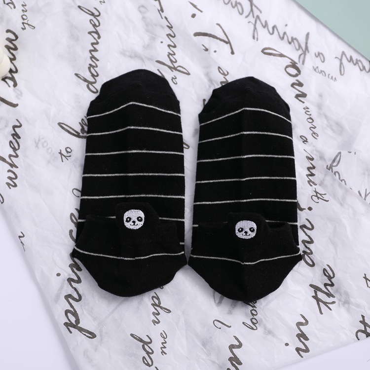 After The Heel Embroidery Female Giant Panda Socks Thin Section Cotton Socks Cute Cartoon Black And White Light Color Mouth Socks